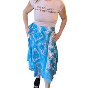 Silk blend reversible blue turquoise midi wrap skirt